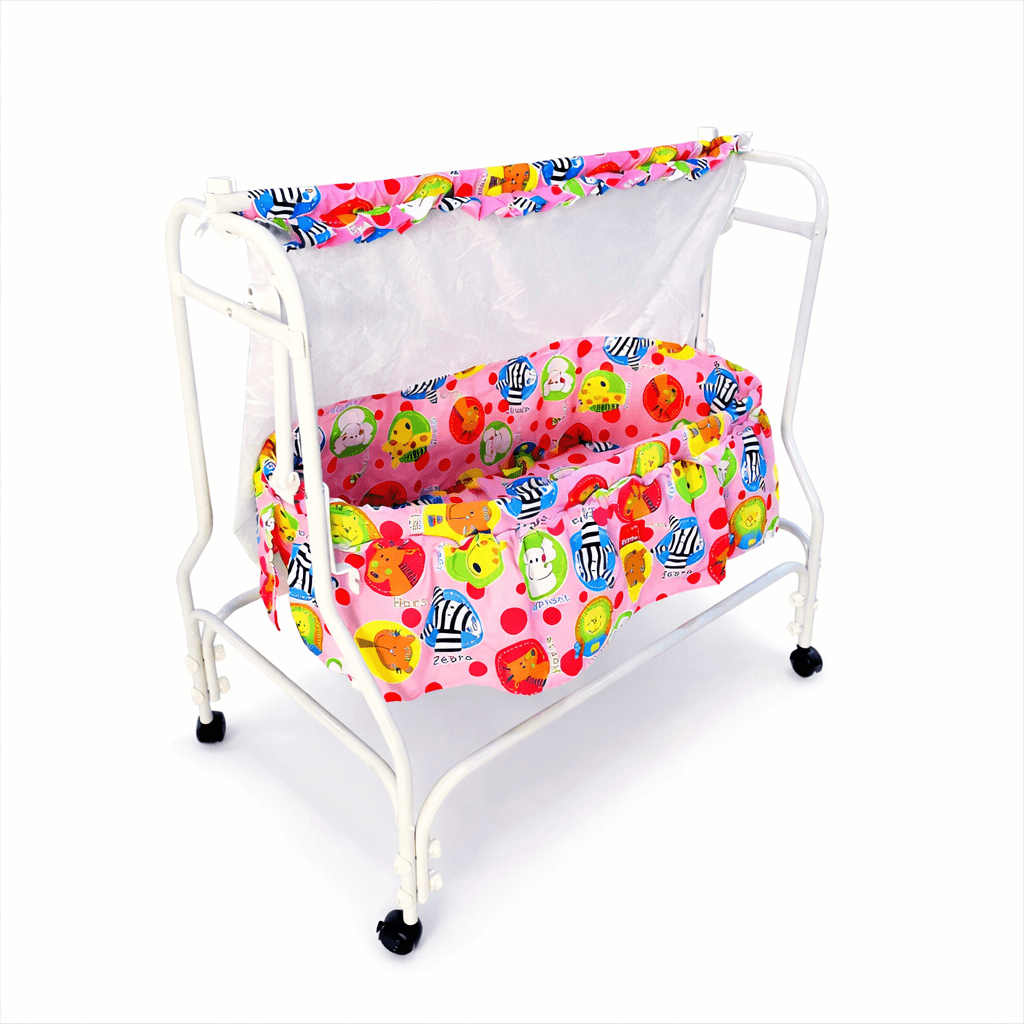 Newborn Baby Cradle with Mosquito Net & Wheels | Pink Animal Print Swinging Bassinet Baby Cradles for babies - Bouncing Baby