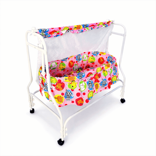 Newborn Baby Cradle with Mosquito Net & Wheels | Pink Animal Print Swinging Bassinet Baby Cradles for babies - Bouncing Baby
