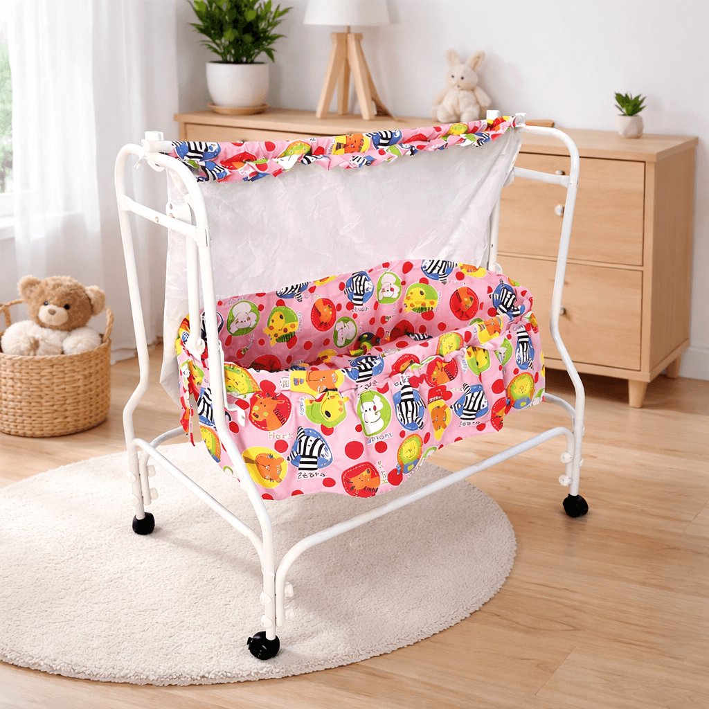Newborn Baby Cradle with Mosquito Net & Wheels | Pink Animal Print Swinging Bassinet Baby Cradles for babies - Bouncing Baby