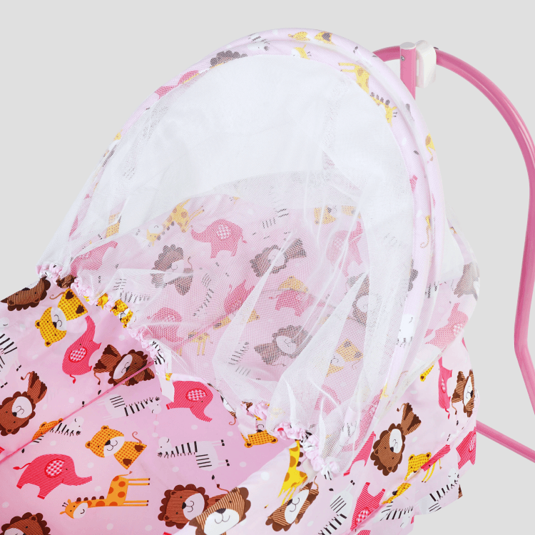 Pink Baby Cradle with Mosquito Net & Wheels | Safari Animal Bassinet Baby Cradles for babies - Bouncing Baby