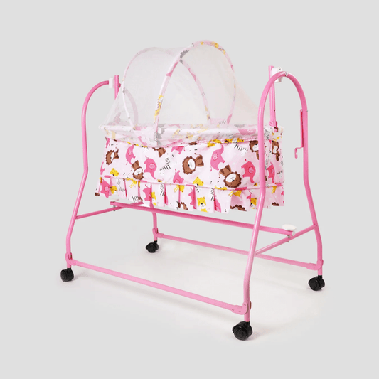 Pink Baby Cradle with Mosquito Net & Wheels | Safari Animal Bassinet Baby Cradles for babies - Bouncing Baby