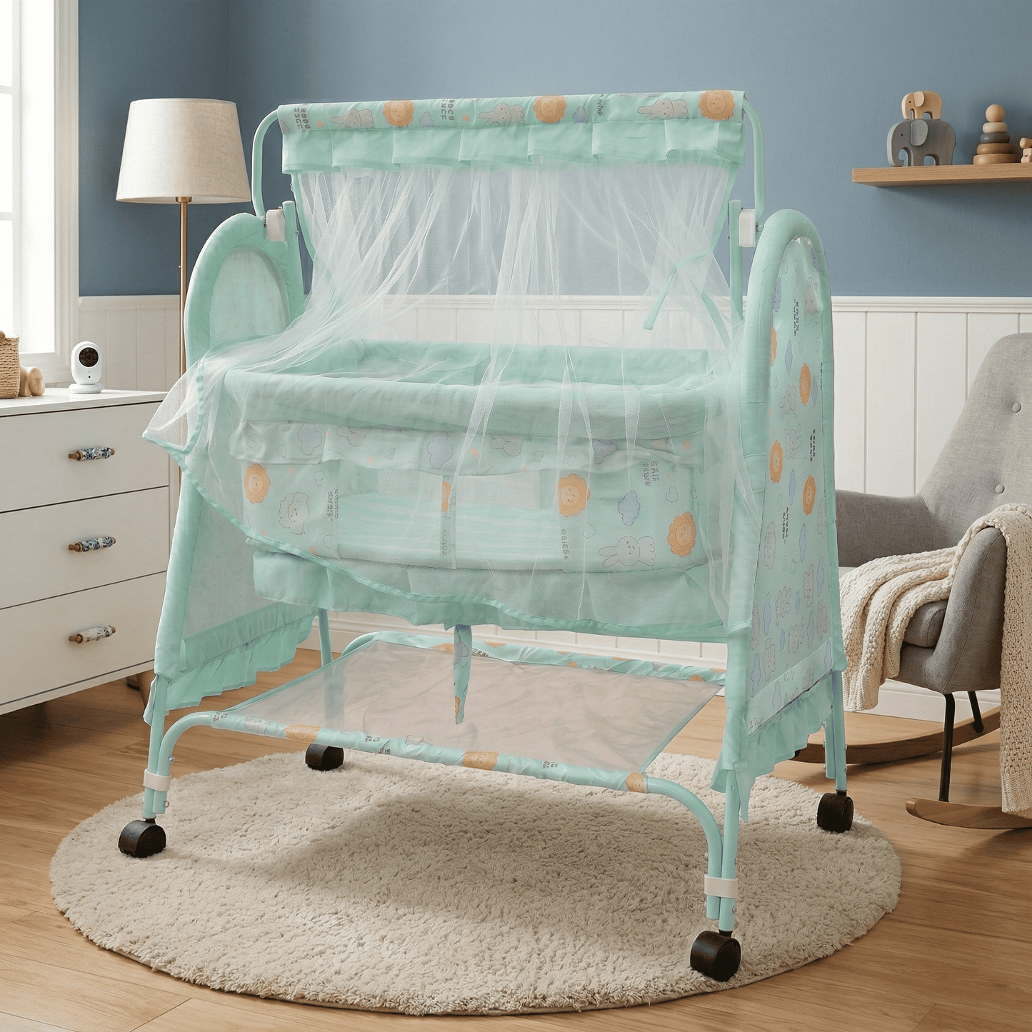 Swinging Baby Cradle with Mosquito Net & Storage Shelf | Newborn Bassinet on Wheels Baby Cradles for babies - Mint Green - Bouncing Baby