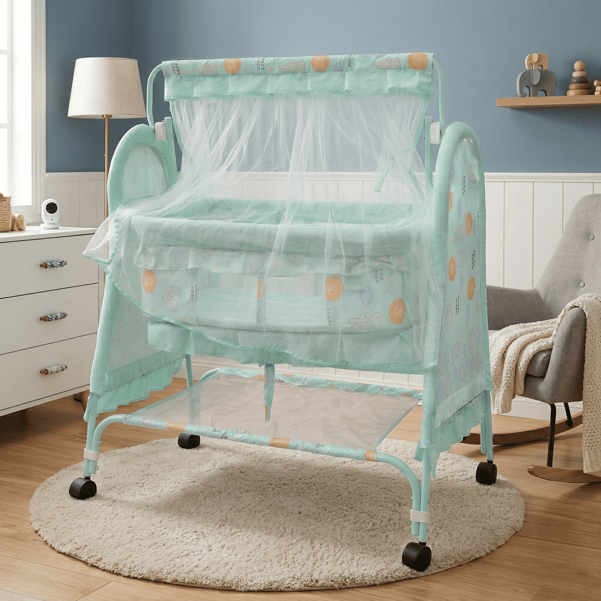 Swinging Baby Cradle with Mosquito Net & Storage Shelf | Newborn Bassinet on Wheels Baby Cradles for babies - Mint Green - Bouncing Baby