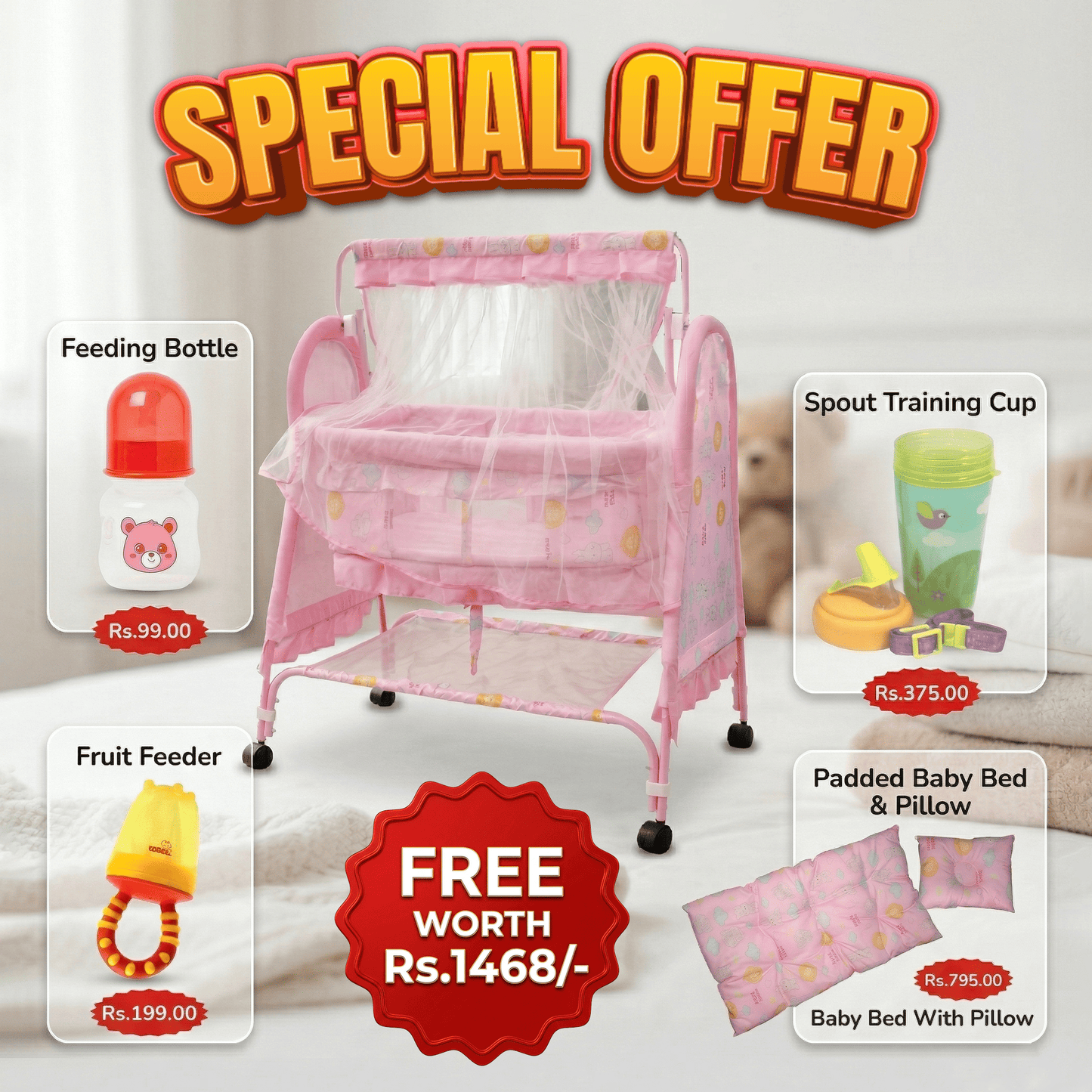 Swinging Baby Cradle with Mosquito Net & Storage Shelf | Newborn Bassinet on Wheels Baby Cradles for babies - Mint Green - Bouncing Baby