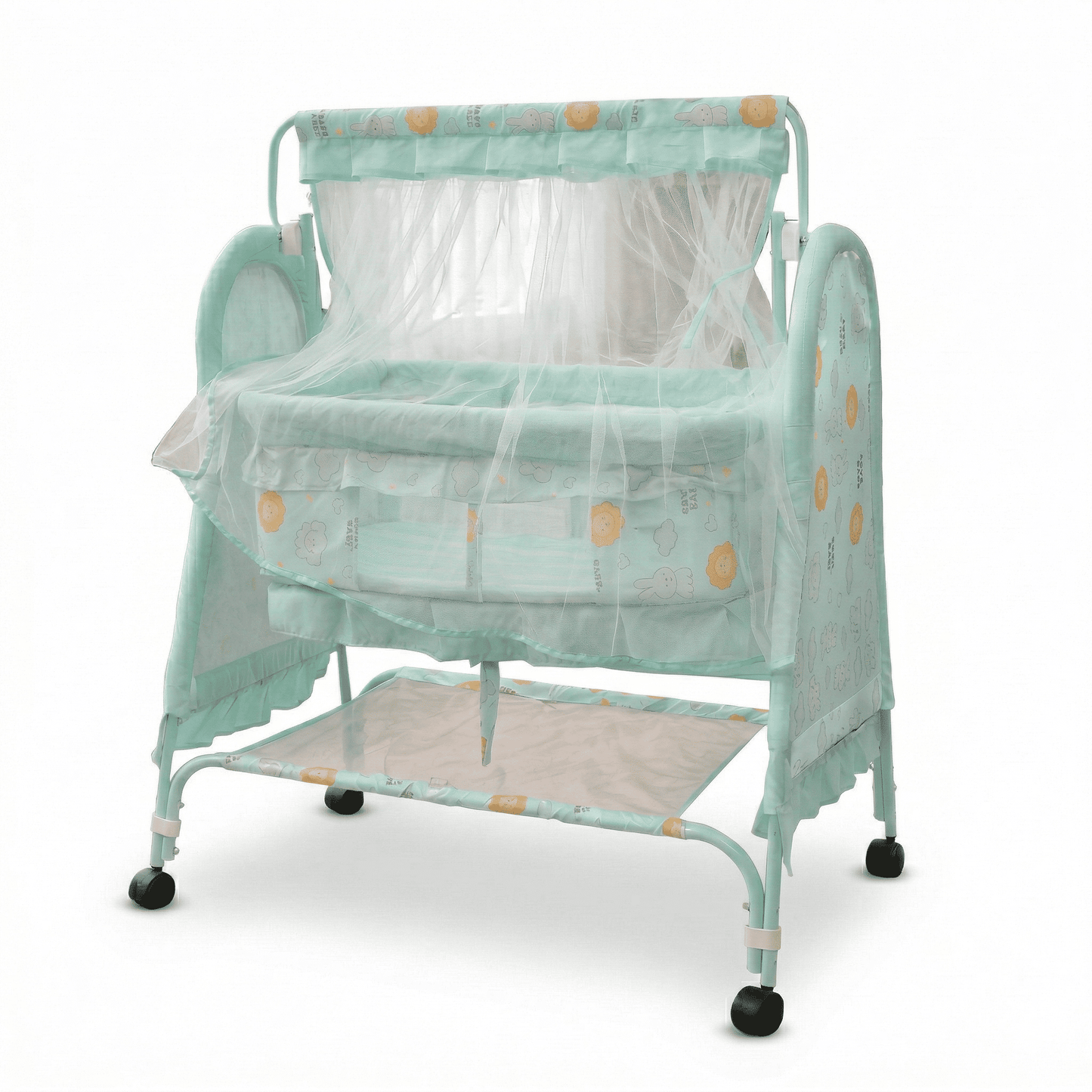 Swinging Baby Cradle with Mosquito Net & Storage Shelf | Newborn Bassinet on Wheels Baby Cradles for babies - Mint Green - Bouncing Baby