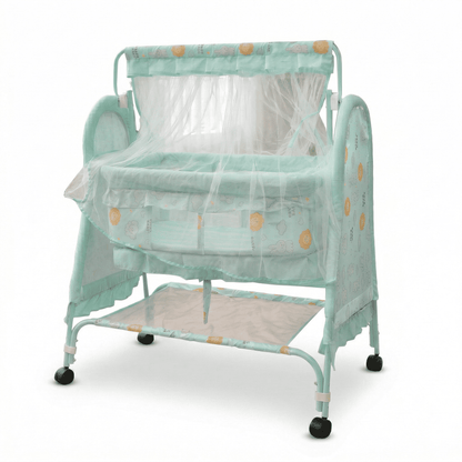 Swinging Baby Cradle with Mosquito Net & Storage Shelf | Newborn Bassinet on Wheels Baby Cradles for babies - Mint Green - Bouncing Baby