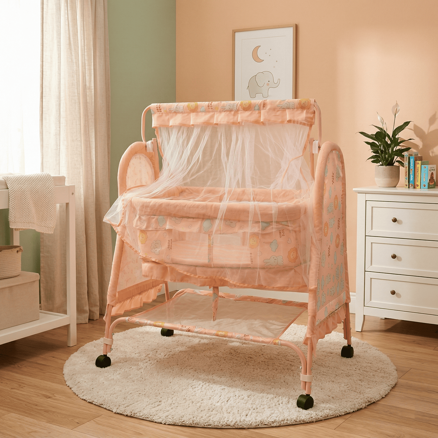 Swinging Baby Cradle with Mosquito Net & Storage Shelf | Newborn Bassinet on Wheels Baby Cradles for babies - Peach - Bouncing Baby
