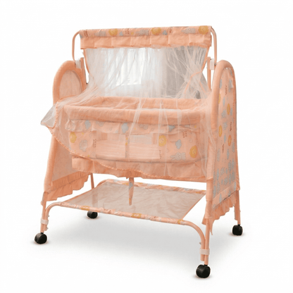Swinging Baby Cradle with Mosquito Net & Storage Shelf | Newborn Bassinet on Wheels Baby Cradles for babies - Peach - Bouncing Baby
