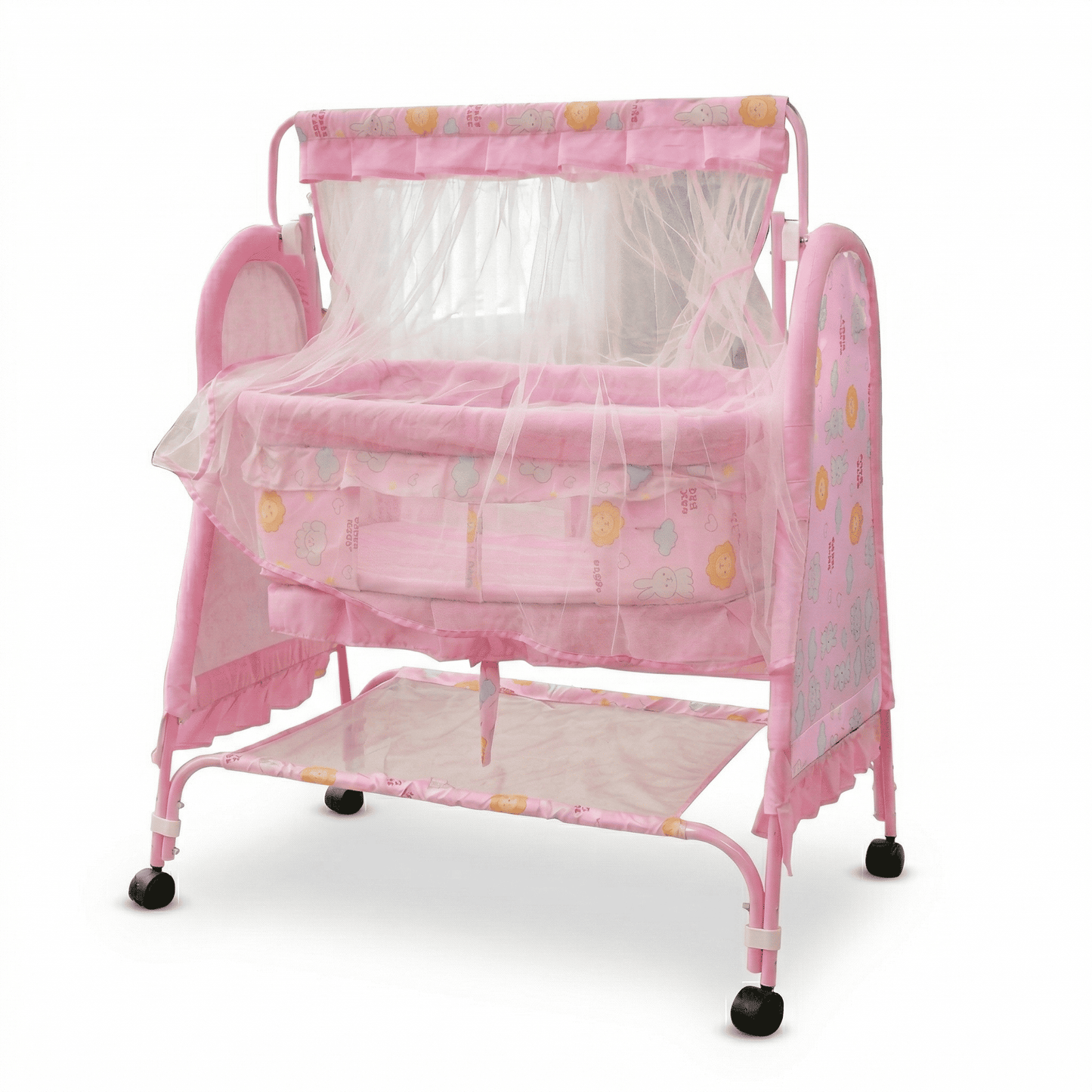 Swinging Baby Cradle with Mosquito Net & Storage Shelf | Newborn Bassinet on Wheels Baby Cradles for babies - Pink - Bouncing Baby