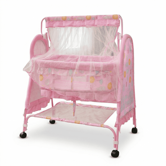 Swinging Baby Cradle with Mosquito Net & Storage Shelf | Newborn Bassinet on Wheels Baby Cradles for babies - Pink - Bouncing Baby