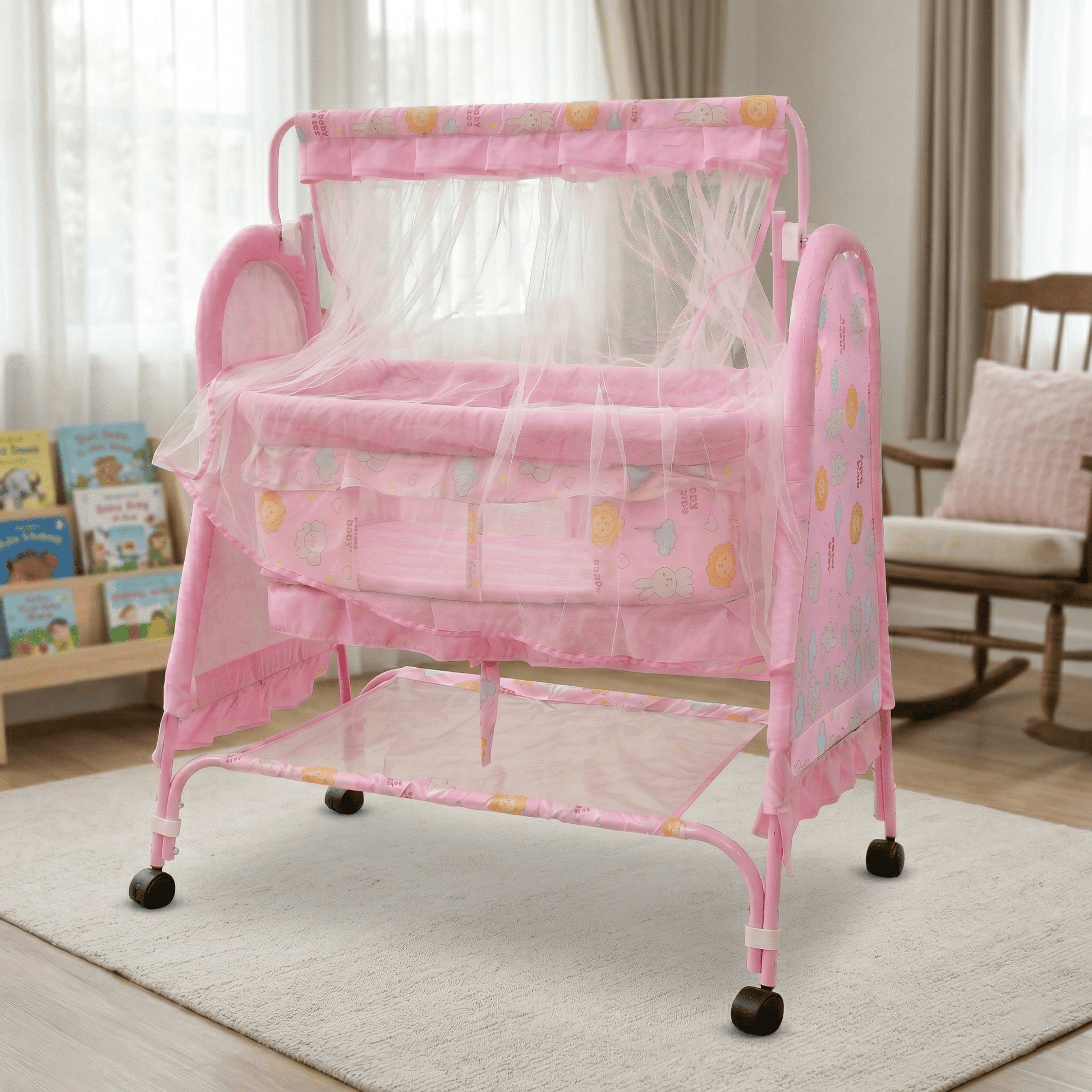 Swinging Baby Cradle with Mosquito Net & Storage Shelf | Newborn Bassinet on Wheels Baby Cradles for babies - Pink - Bouncing Baby