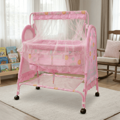 Swinging Baby Cradle with Mosquito Net & Storage Shelf | Newborn Bassinet on Wheels Baby Cradles for babies - Pink - Bouncing Baby