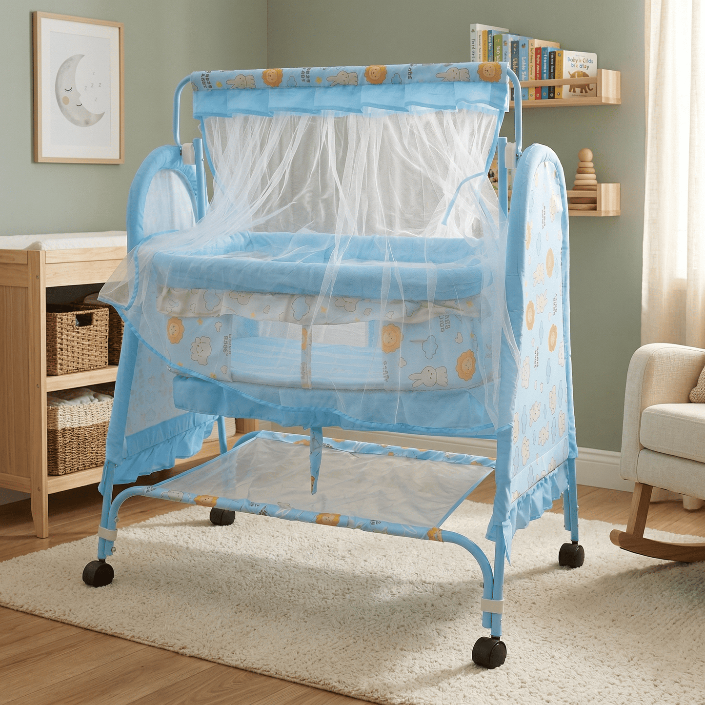 Swinging Baby Cradle with Mosquito Net & Storage Shelf | Newborn Bassinet on Wheels Baby Cradles for babies - Sea Blue - Bouncing Baby