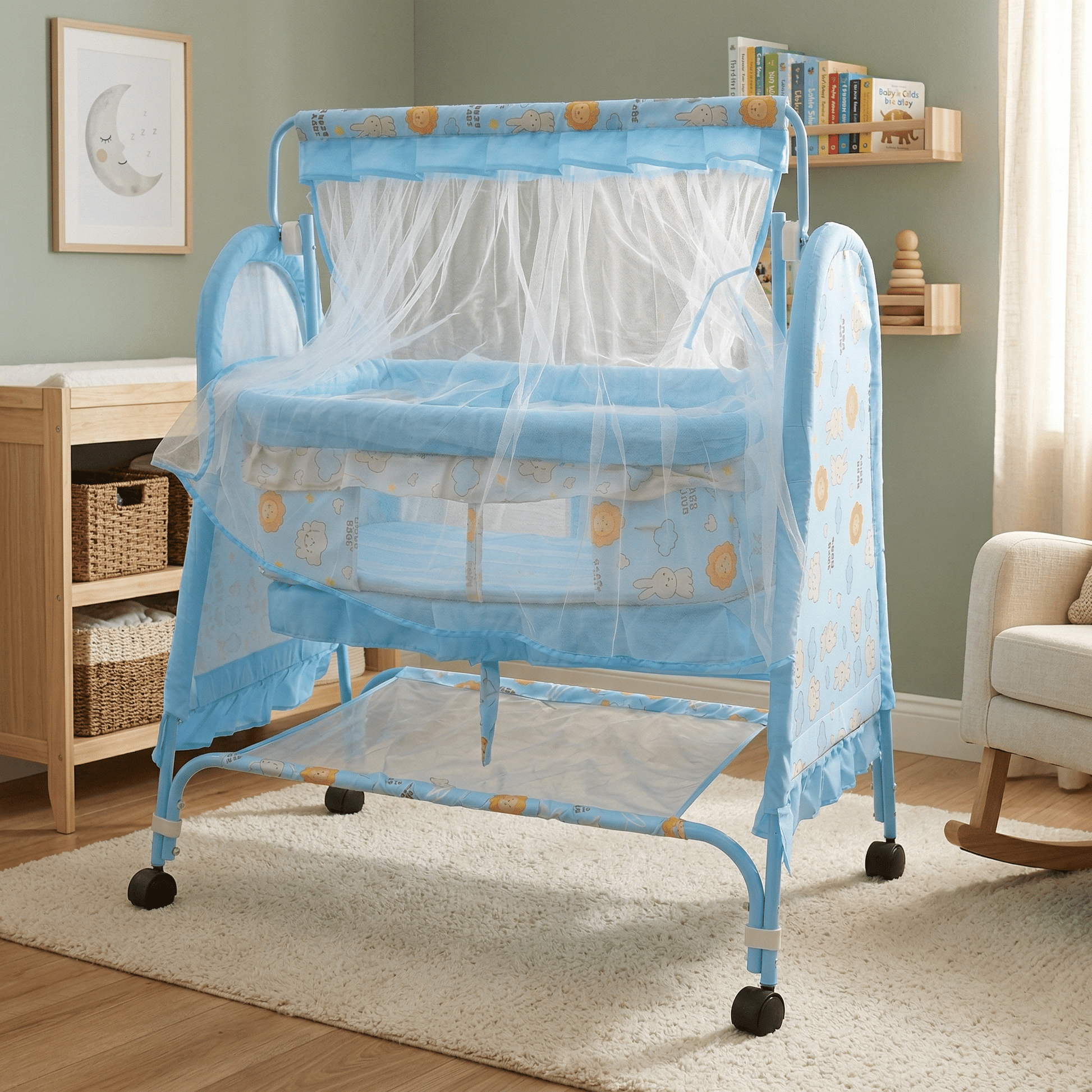 Swinging Baby Cradle with Mosquito Net & Storage Shelf | Newborn Bassinet on Wheels Baby Cradles for babies - Sea Blue - Bouncing Baby