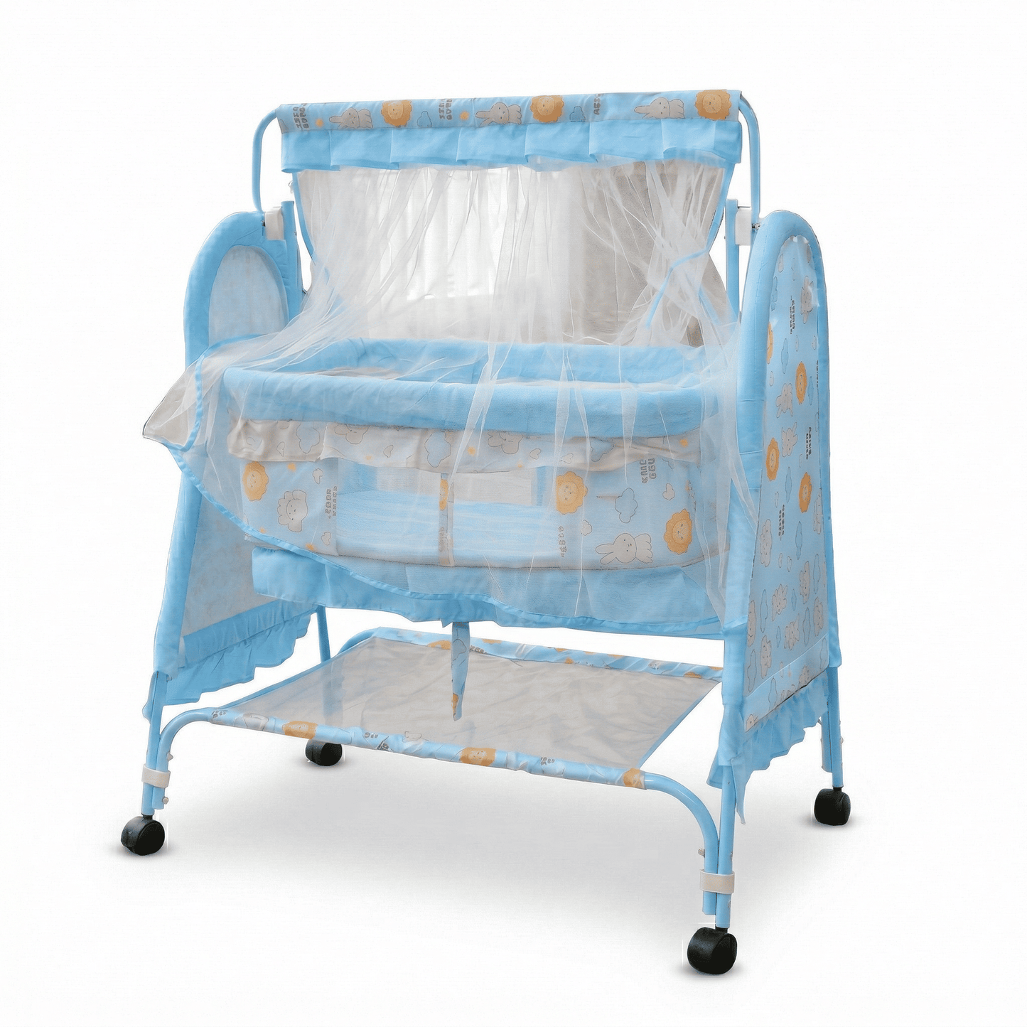 Swinging Baby Cradle with Mosquito Net & Storage Shelf | Newborn Bassinet on Wheels Baby Cradles for babies - Sea Blue - Bouncing Baby