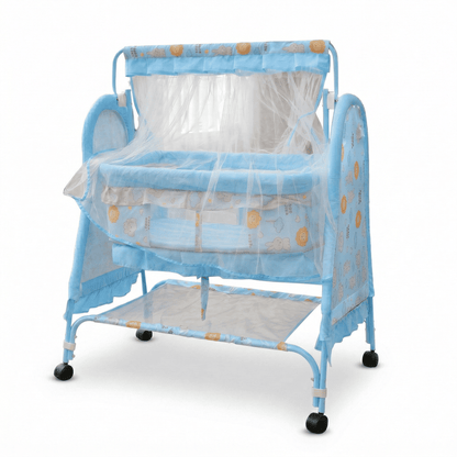 Swinging Baby Cradle with Mosquito Net & Storage Shelf | Newborn Bassinet on Wheels Baby Cradles for babies - Sea Blue - Bouncing Baby
