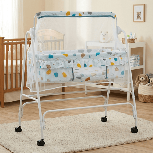 Swinging Baby Cradle with Mosquito Net & Wheels | Portable Newborn Bassinet Baby Cradles for babies - Light Blue - Bouncing Baby