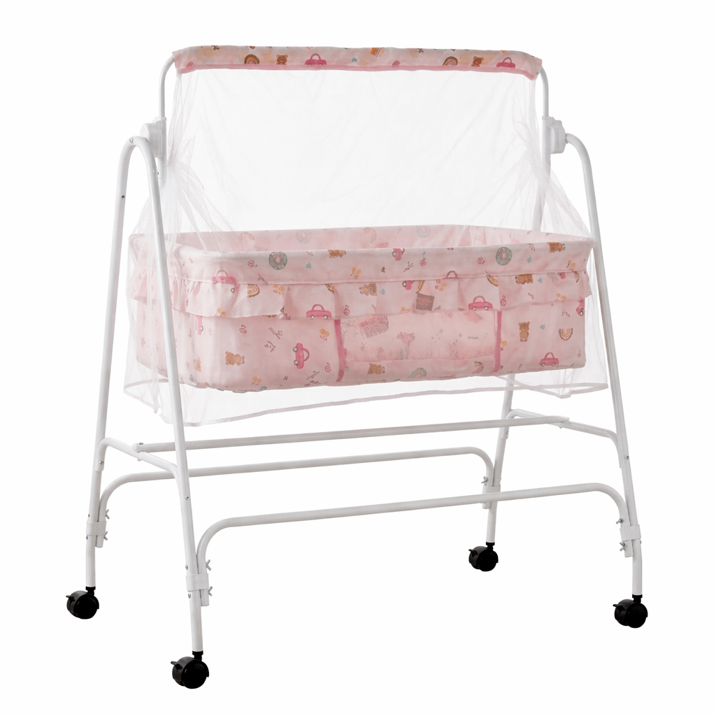 Swinging Baby Cradle with Mosquito Net & Wheels | Portable Newborn Bassinet Baby Cradles for babies - Pink - Bouncing Baby