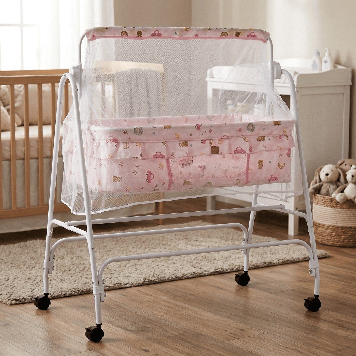 Swinging Baby Cradle with Mosquito Net & Wheels | Portable Newborn Bassinet Baby Cradles for babies - Pink - Bouncing Baby