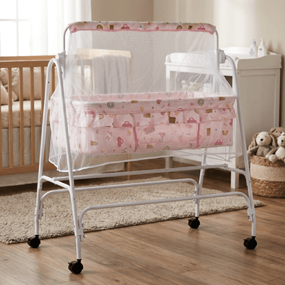 Swinging Baby Cradle with Mosquito Net & Wheels | Portable Newborn Bassinet Baby Cradles for babies - Pink - Bouncing Baby