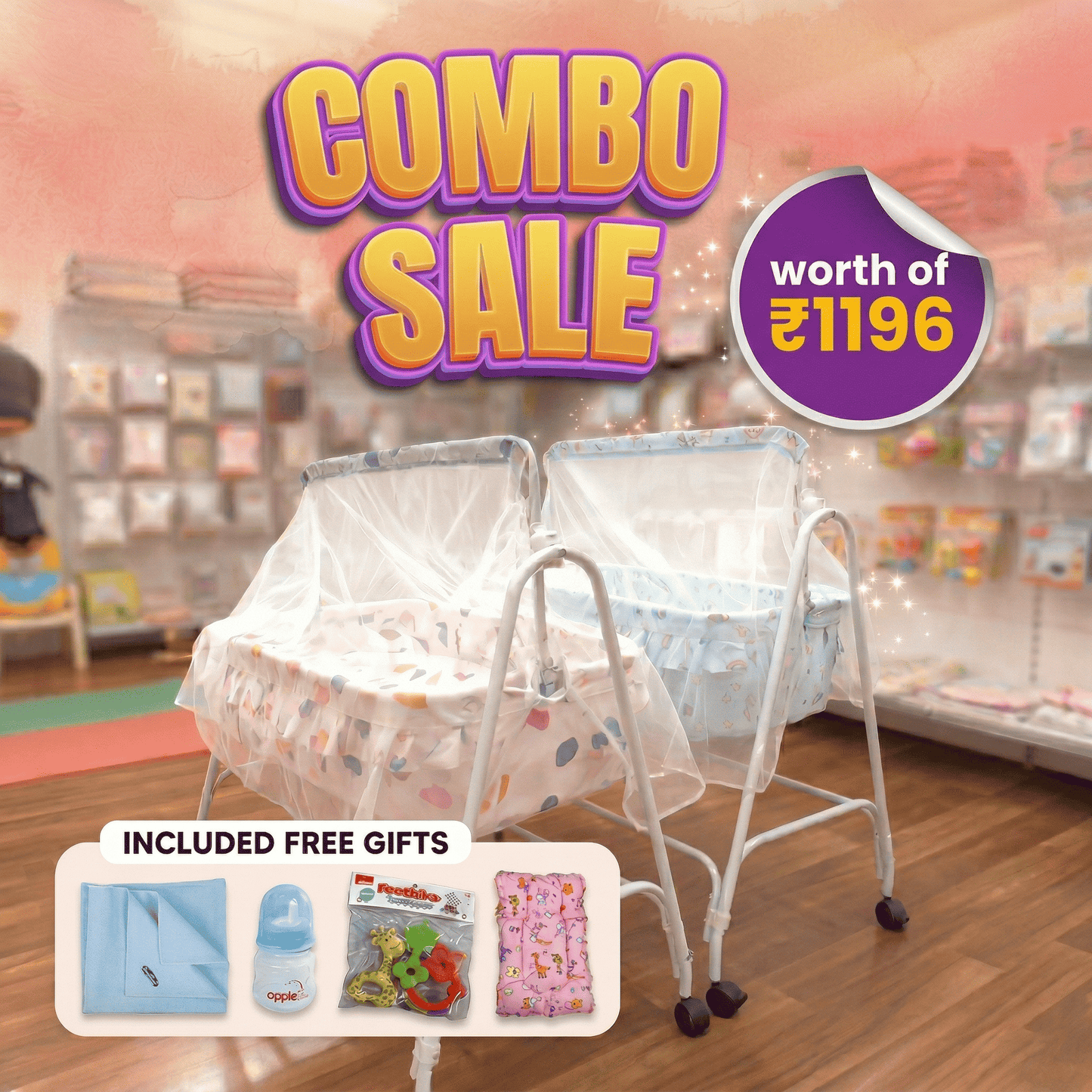 Swinging Baby Cradle with Mosquito Net & Wheels | Portable Newborn Bassinet Baby Cradles for babies - Pink - Bouncing Baby