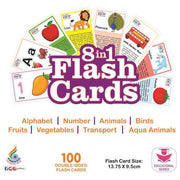 RATNA'S 8 in 1 Flash Cards 100 uniquely designed double sided flash cards features Alphabet,Number,Birds,Animals,Fruits,Vegetable,Transport & Aqua Animals  (Multicolor)