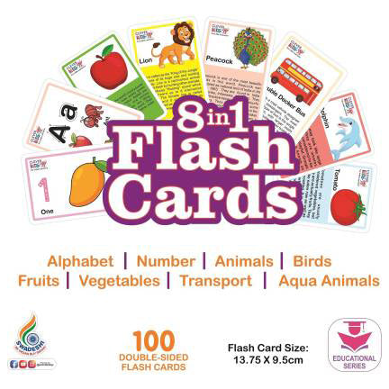 RATNA'S 8 in 1 Flash Cards 100 uniquely designed double sided flash cards features Alphabet,Number,Birds,Animals,Fruits,Vegetable,Transport & Aqua Animals  (Multicolor)