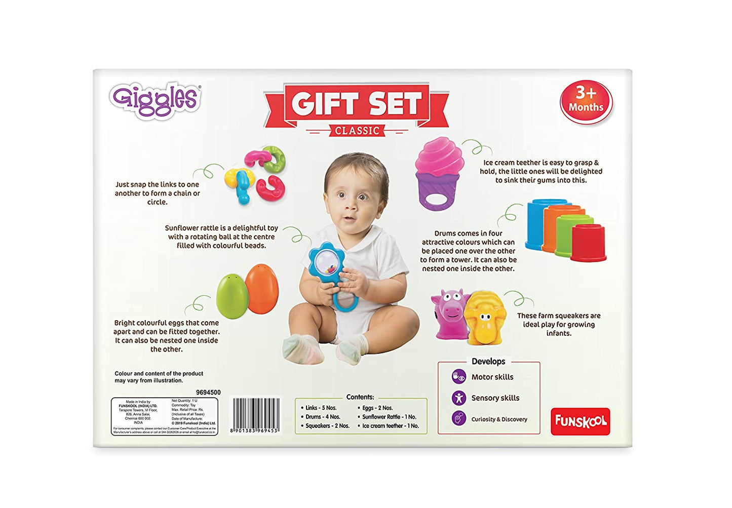 Giggles - Gift Set Classic , Multicolour Baby Toy Gift Set for New Born , Stack,Nest,Link,Squeakers,Teether,Rattle ,