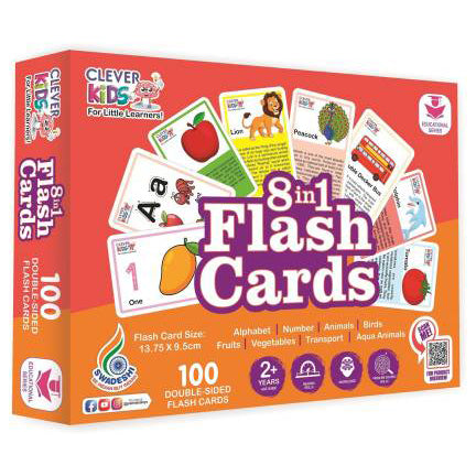 RATNA'S 8 in 1 Flash Cards 100 uniquely designed double sided flash cards features Alphabet,Number,Birds,Animals,Fruits,Vegetable,Transport & Aqua Animals  (Multicolor)