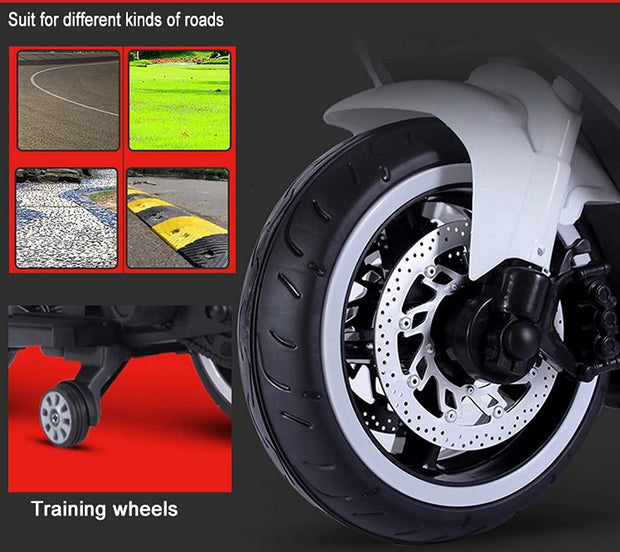 Dailycartindia DCI R1 Sports Ride on Bike for Kids with 12V Battery Operated/Music System/Working Lights/Training Wheels (Red Painted Glossy)