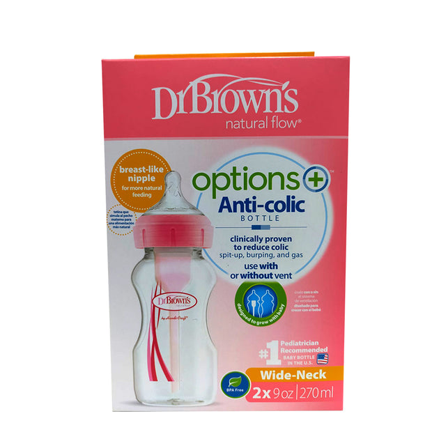 Dr. Brown's Natural Flow Options Wide Neck Baby Bottle (270 Ml, Pack of 2, Pink)