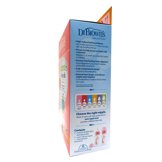 Dr. Brown's Natural Flow Options Wide Neck Baby Bottle (270 Ml, Pack of 2, Pink)